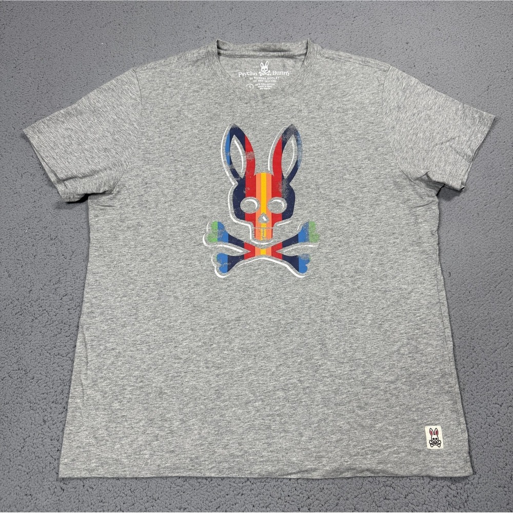 Psycho Bunny Shirt Mens Large Gray Multi-Color Skull Bunny Graphic Pima Cotton
